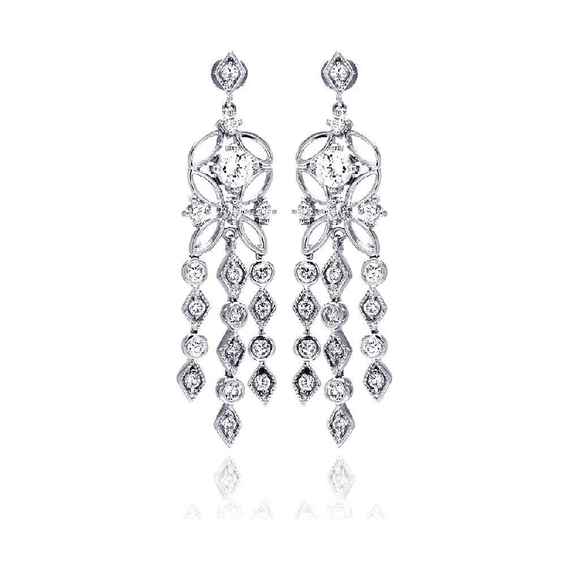 Silver 925 Rhodium Plated Star Round Marquis CZ Three Strand Dangling Stud Chandelier Earrings - BGE00194