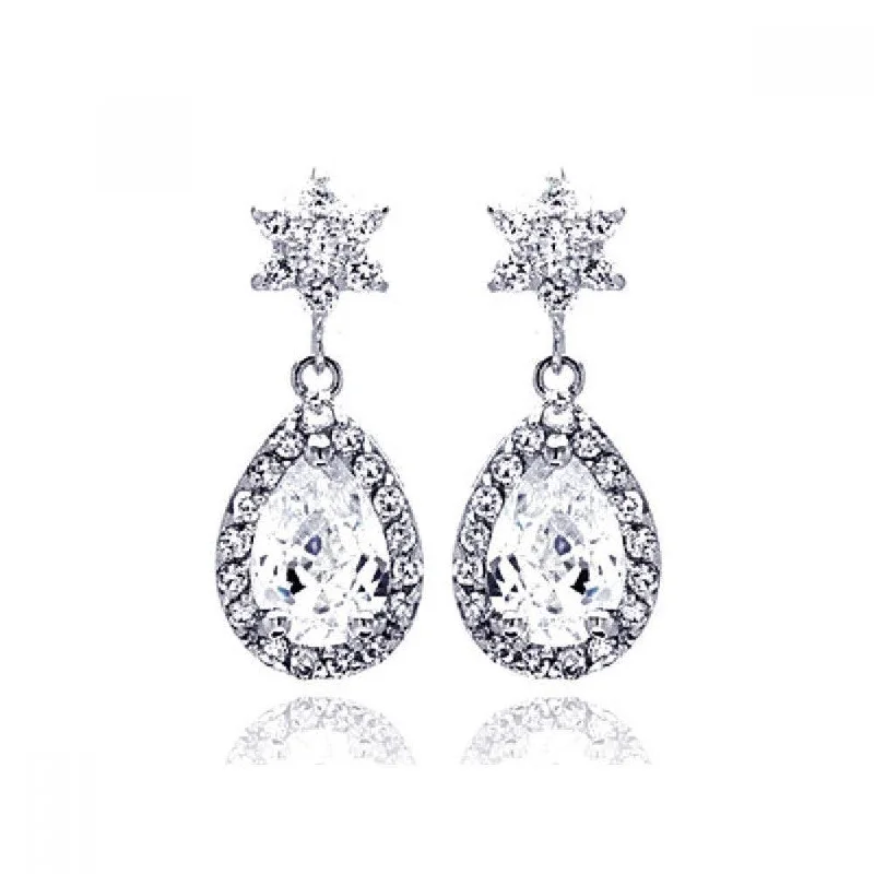 Silver 925 Rhodium Plated Star Teardrop Center Clear CZ Inlay Outline Dangling Stud Earrings - BGE00186