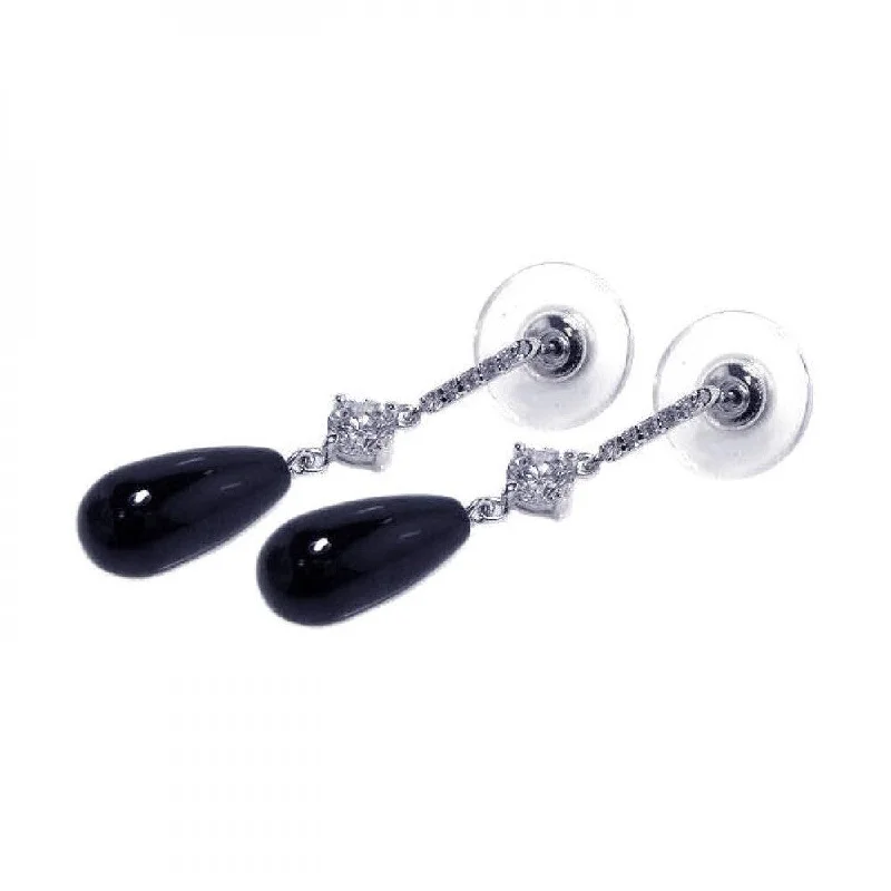 Silver 925 Rhodium Plated Teardrop Black and Clear CZ Dangling Stud Earrings - BGE00023