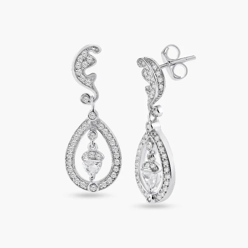 Silver 925 Rhodium Plated Teardrop Filigree CZ Dangling Stud Earrings - BGE00216