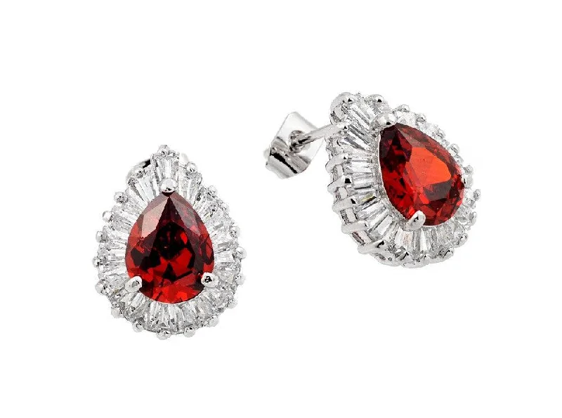 Silver 925 Rhodium Plated Teardrop Red and Clear Pave Baguette CZ Stud Earrings - BGE00335