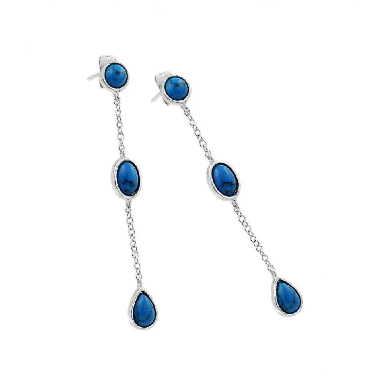 Silver 925 Rhodium Plated Three Oval Blue CZ Wire Dangling Stud Earrings - BGE00389