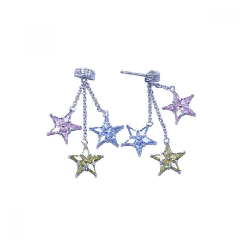 Clearance-Silver 925 Rhodium Plated Three Start Multi Color CZ Dangling Strand Stud Earrings - STE00610