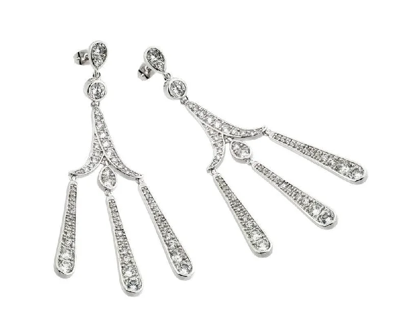 Silver 925 Rhodium Plated Three Strand Chandelier CZ Dangling Stud Earrings - BGE00259