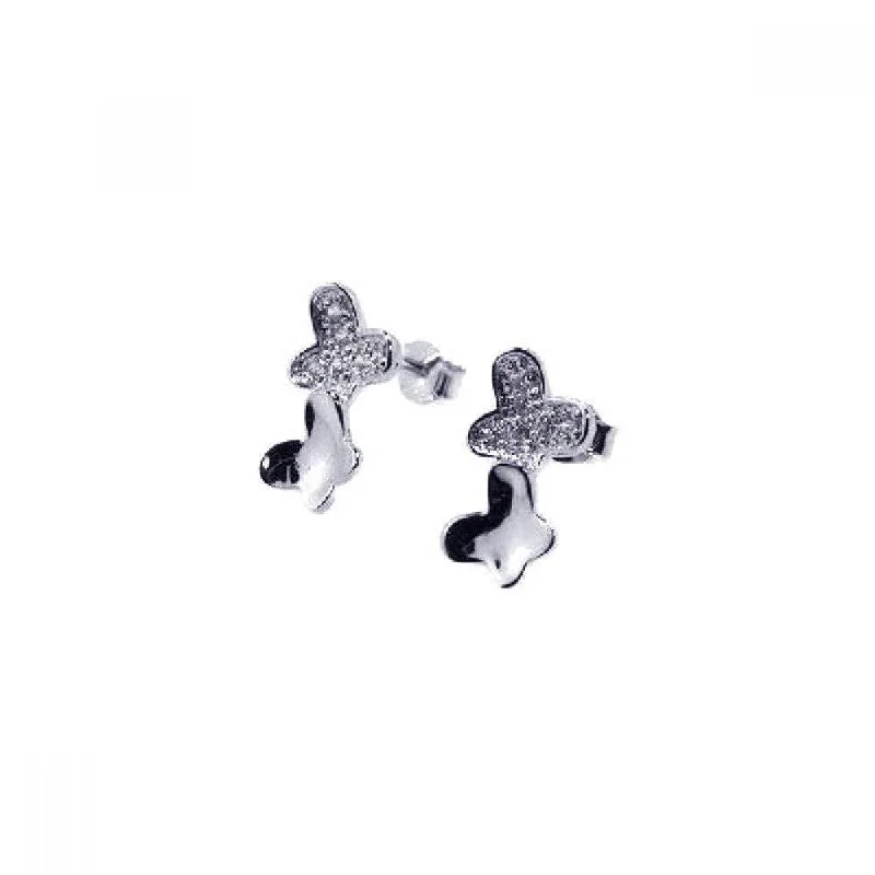 Silver 925 Rhodium Plated Two Wavy Flat Butterfly CZ Stud Earrings - STE00281