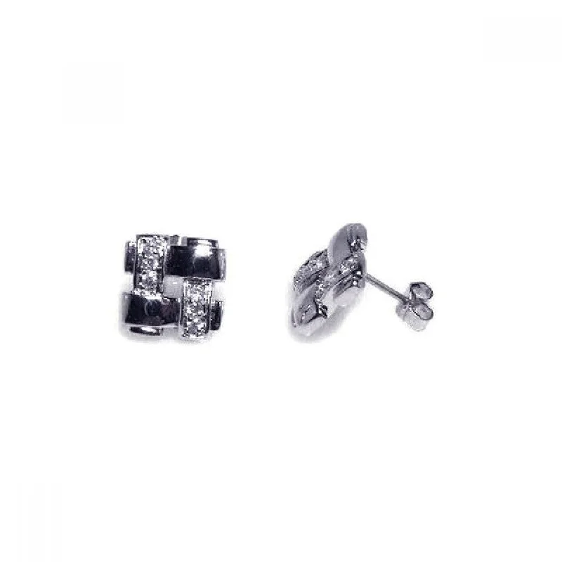 Clearance-Silver 925 Rhodium Plated Weaved Square CZ Stud Earrings - STE00149