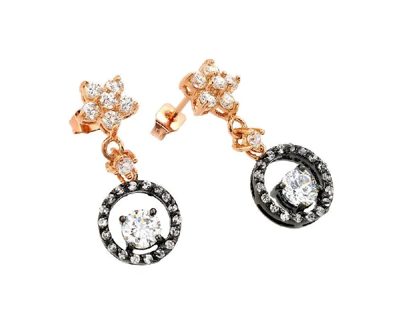 Clearance-Silver 925 Rose Gold and Black Rhodium Plated Flower Round CZ Dangling Stud Earrings - BGE00284