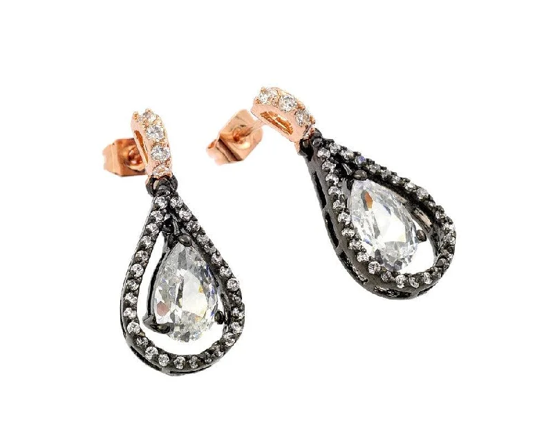 Clearance-Silver 925 Rose Gold and Black Rhodium Plated Teardrop CZ Dangling Stud Earrings - BGE00283