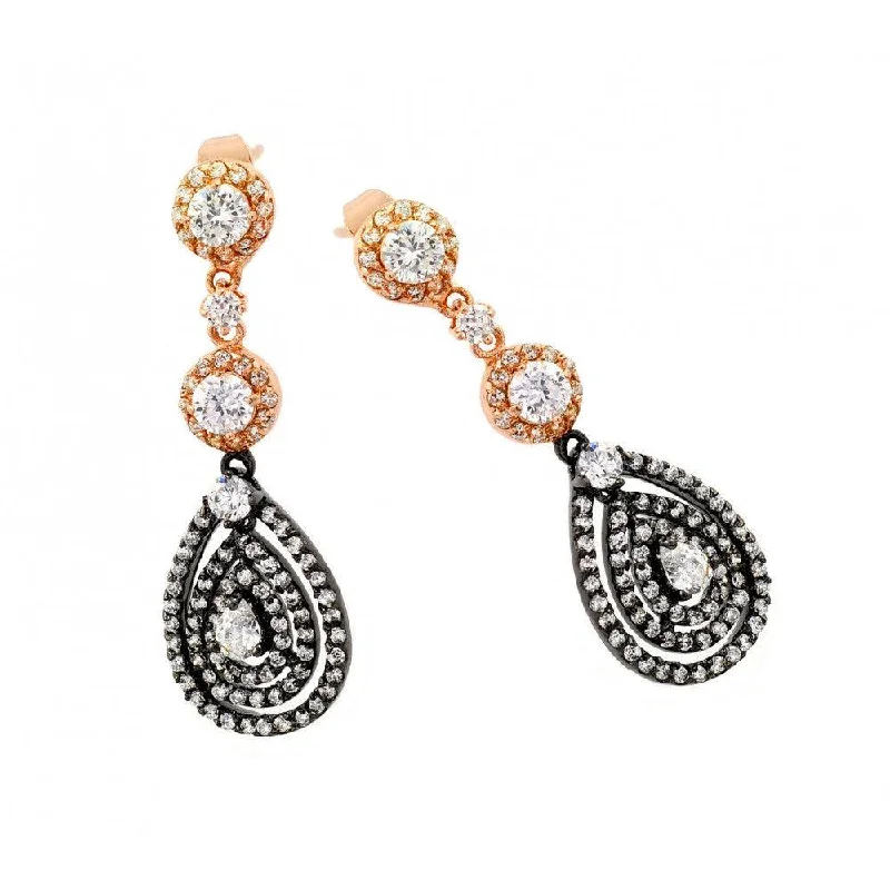 Silver 925 Rose Gold and Black Rhodium Plated Teardrop Round CZ Dangling Stud Earrings - BGE00285