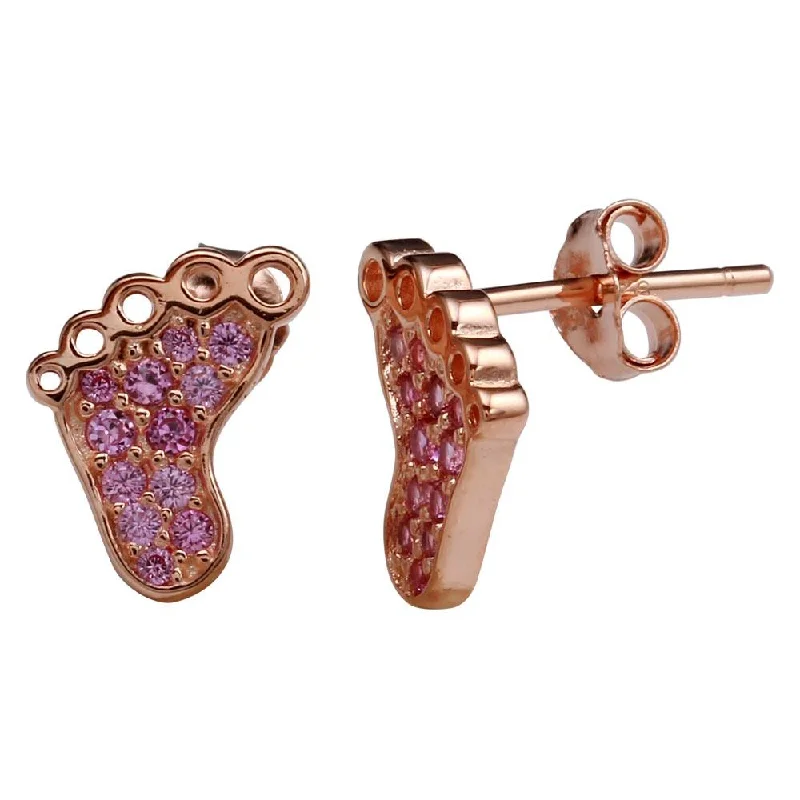 Rose Gold Plated 925 Sterling Silver Foot Stud Earrings with Pink CZ - STE01157RGP