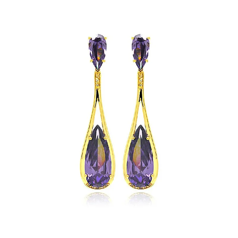 Silver 925 Rose Gold Rhodium Plated Purple Teardrop CZ Dangling Stud Earrings - BGE00282