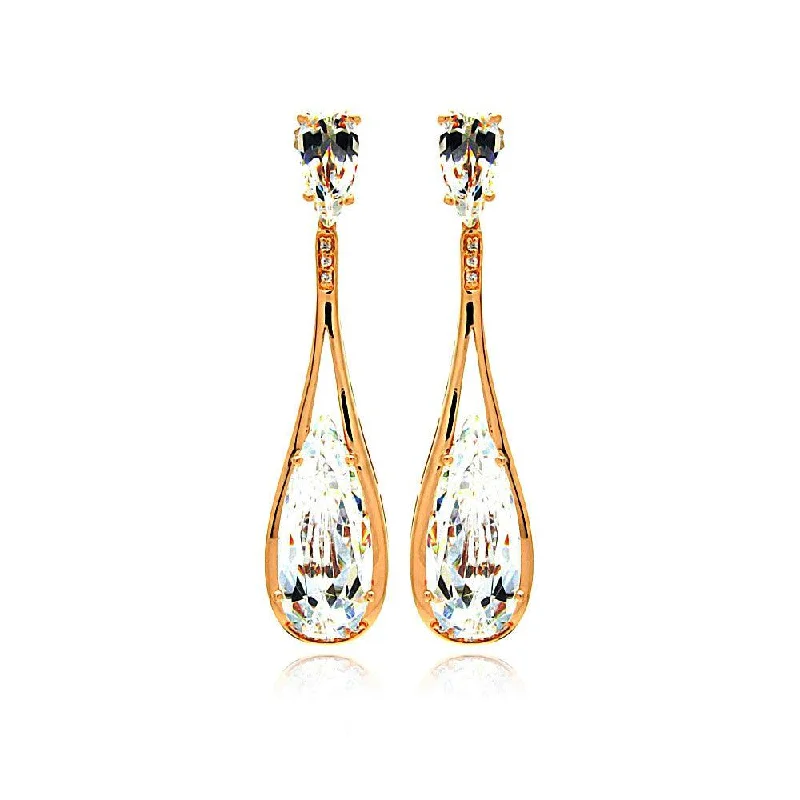 Silver 925 Rose Gold Rhodium Plated Teardrop CZ Dangling Stud Earrings - BGE00281