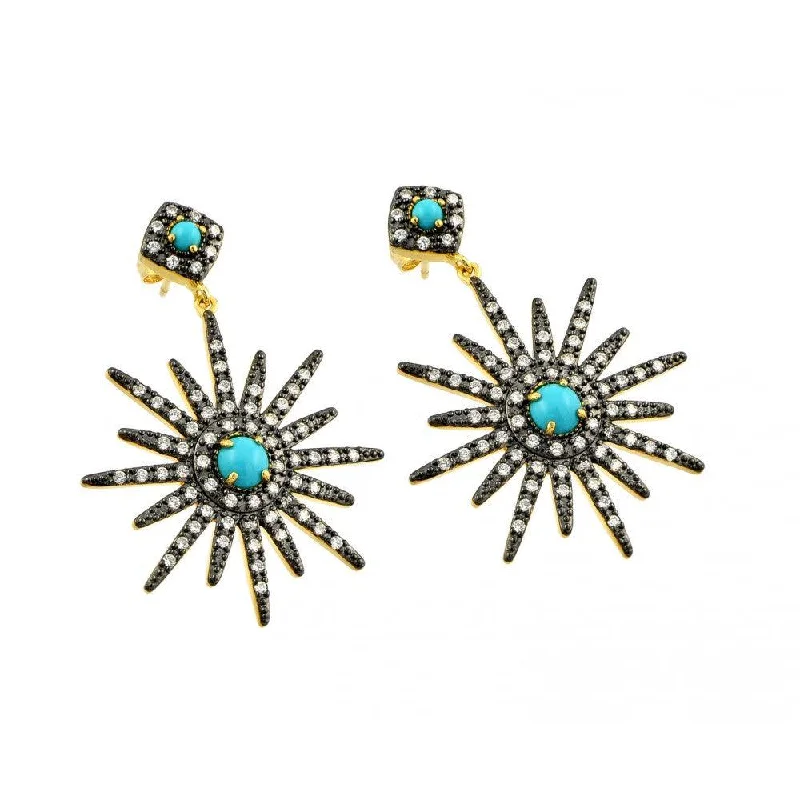 Silver 925 Two Toned Gold and Black Rhodium Plated Sun Clear CZ Turquoise Round Dangling Stud Earrings - BGE00343