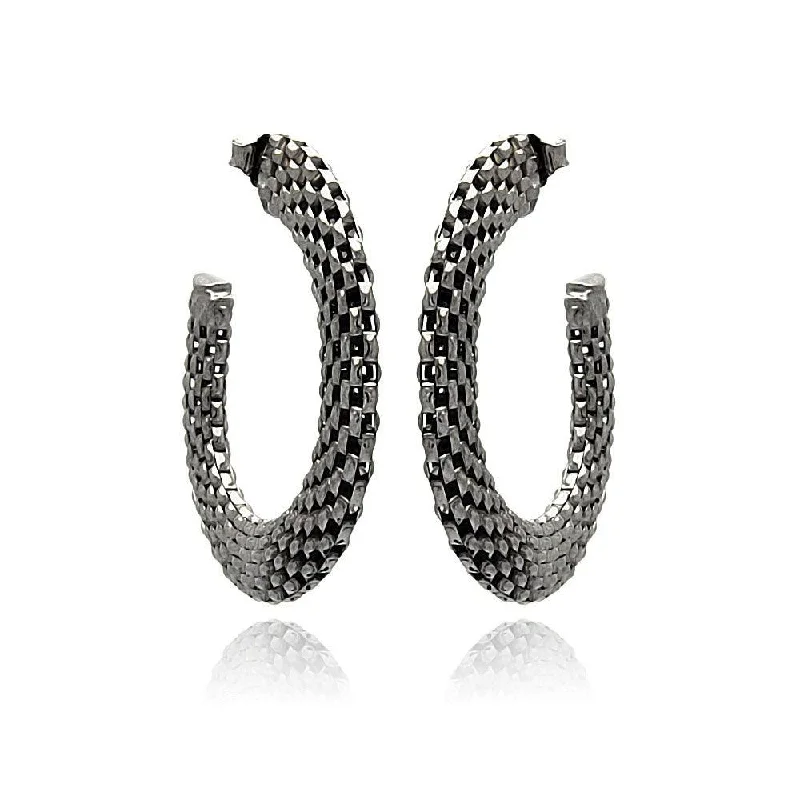 Silver 925 Two Toned Rhodium Plated Crescent Box Link Italian Stud Earrings - ITE00019BLK