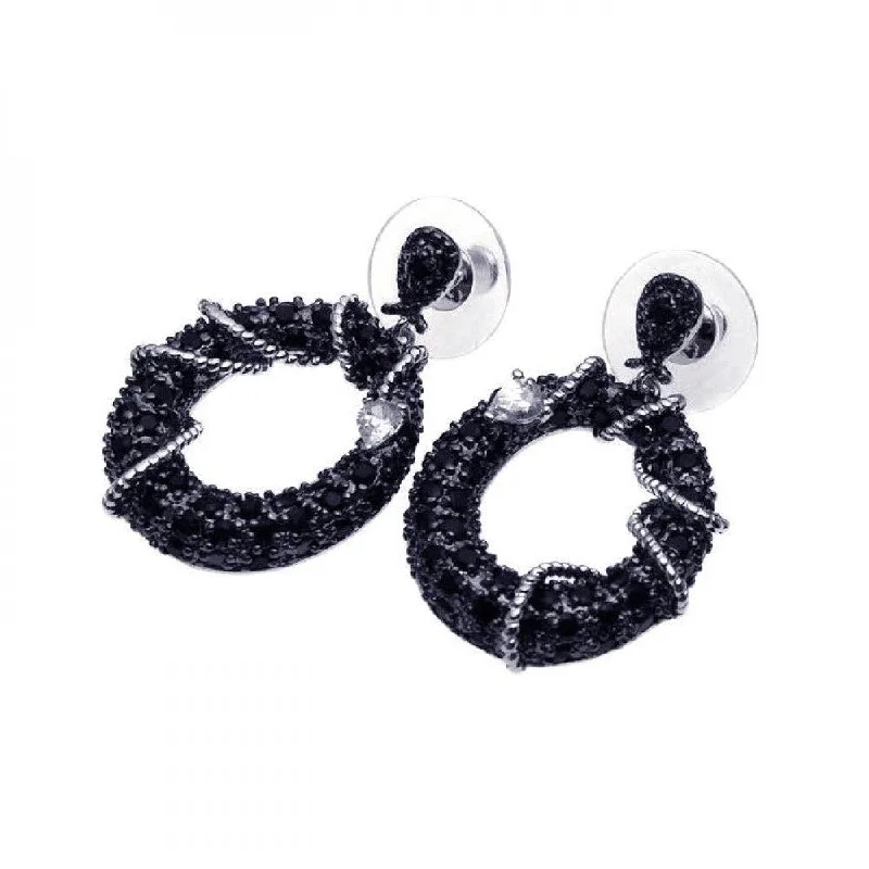 Clearance-Silver Black 925 Silver Rhodium Plated Heart CZ Dangling Stud Earrings - BGE00091