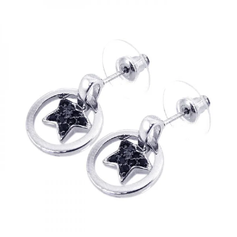 Clearance-Silver 925 Black and Silver Rhodium Plated Open Circle Heart CZ Dangling Stud Earrings - BGE00080