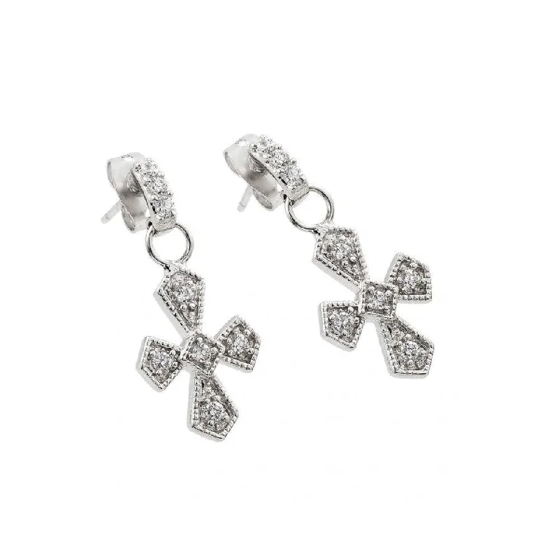 Silver Rhodium 925 Plated Cross Clear CZ Inlay Dangling Stud Earrings - BGE00201