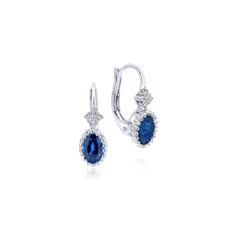 14K White Gold Beaded Oval Sapphire and Diamond Drop Earrings