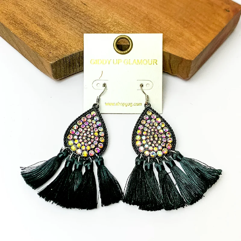 AB Crystal Teardrop Earrings with Tassel Trim in Black