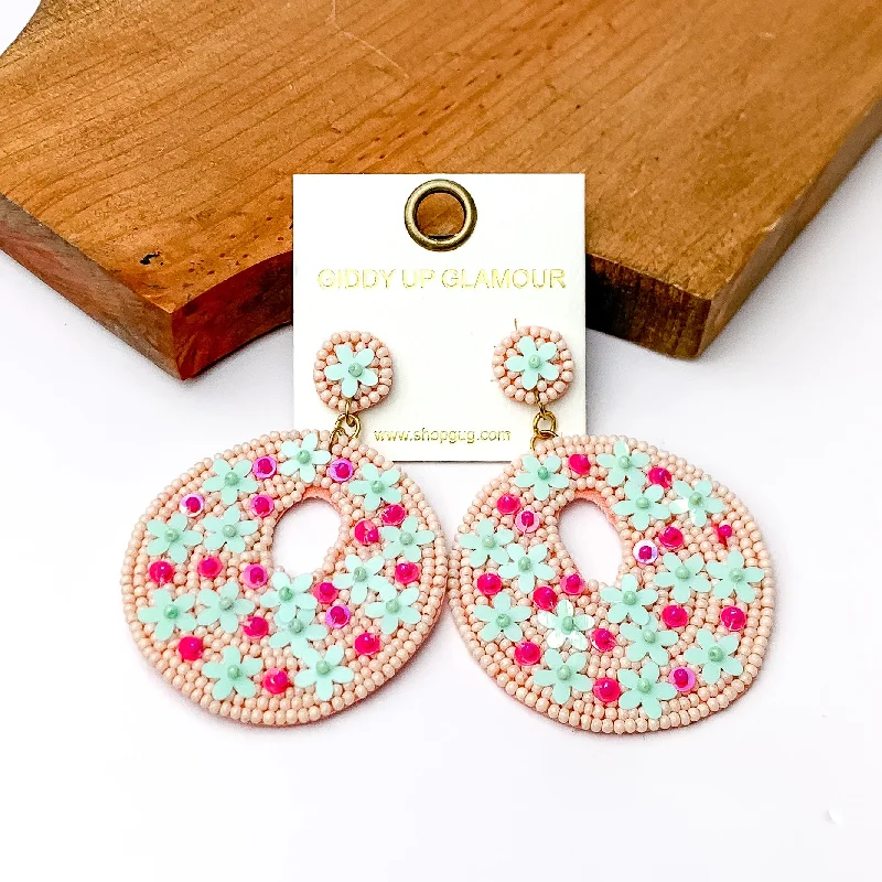 Baby Pink Beaded Circular Drop Earrings with Floral Designs