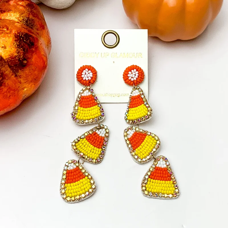 Beaded Candy Corn Drop Earrings with AB Crystal Outline in Orange and Yellow