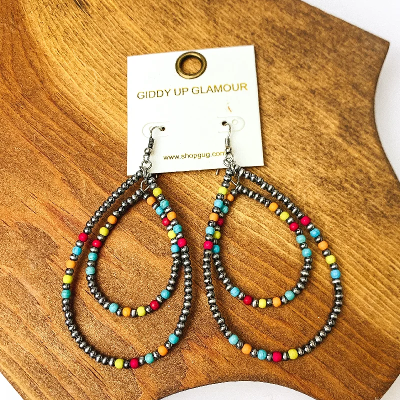 Beaded Open Double Drop Earrings in Silver Tone and Multicolor