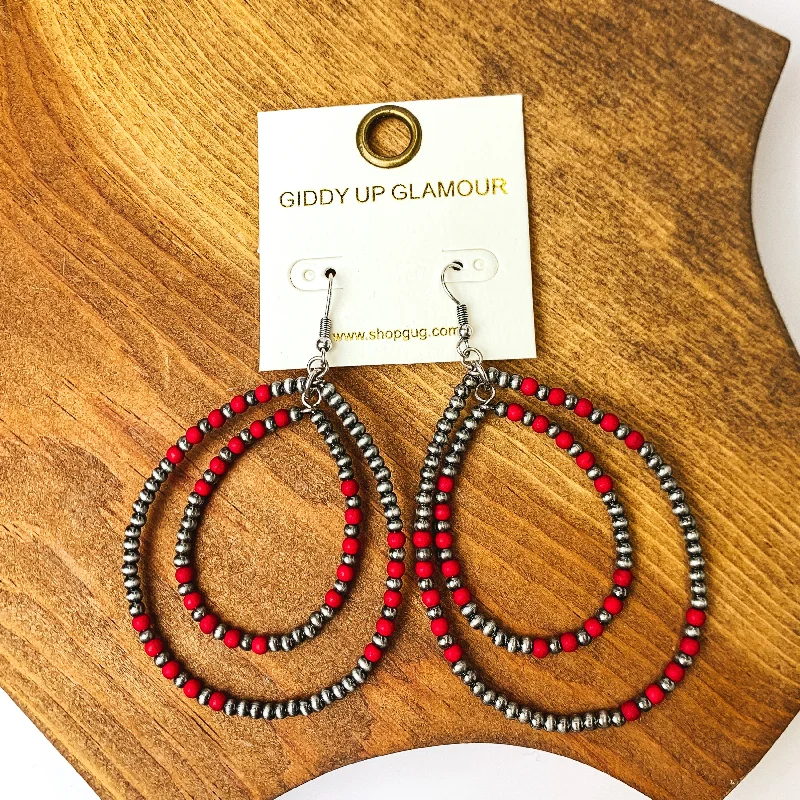 Beaded Open Double Drop Earrings in Silver Tone and Red