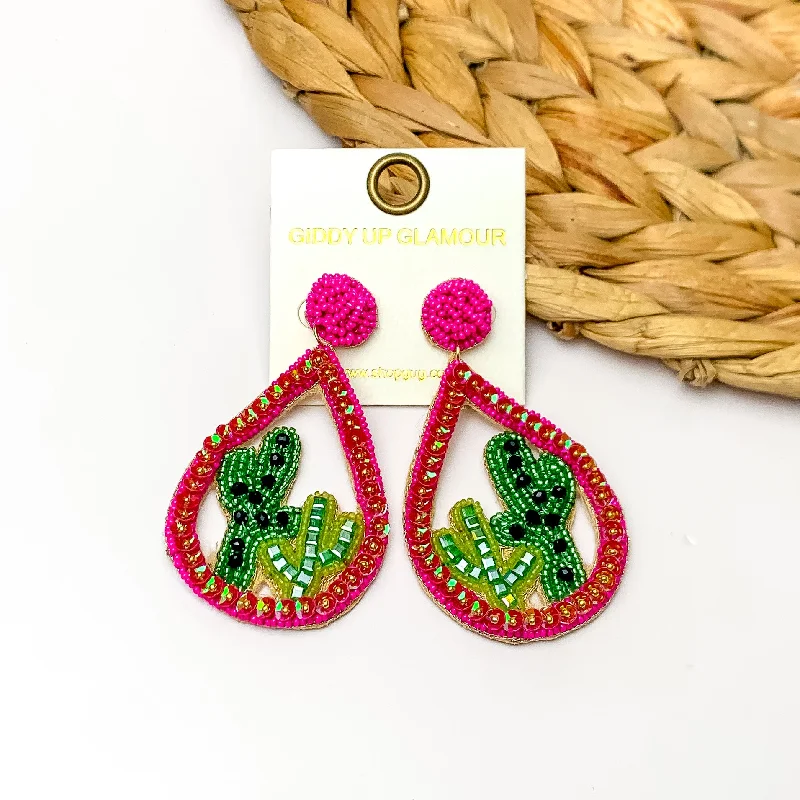 Beaded Open Teardrop Earrings With Cactus Scene on the Inside in Hot Pink