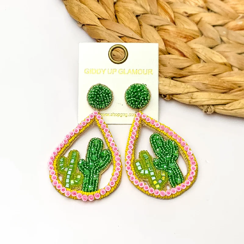 Beaded Open Teardrop Earrings With Cactus Scene on the Inside in Light Pink