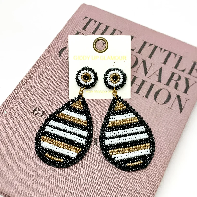 Beaded Striped Teardrop Earrings in Black Mix