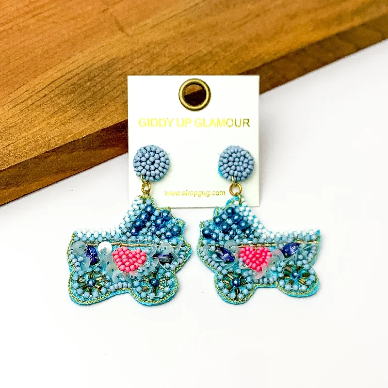 Beaded Stroller Drop Earrings with Pearls and Crystals in Blue Mix