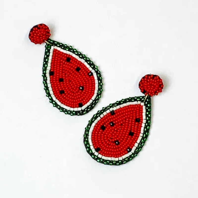 Beaded Watermelon Teardrop Earrings in Red and Green