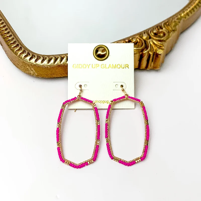 Hot Pink Beaded Open Large Drop Earrings with Gold Tone Accessory