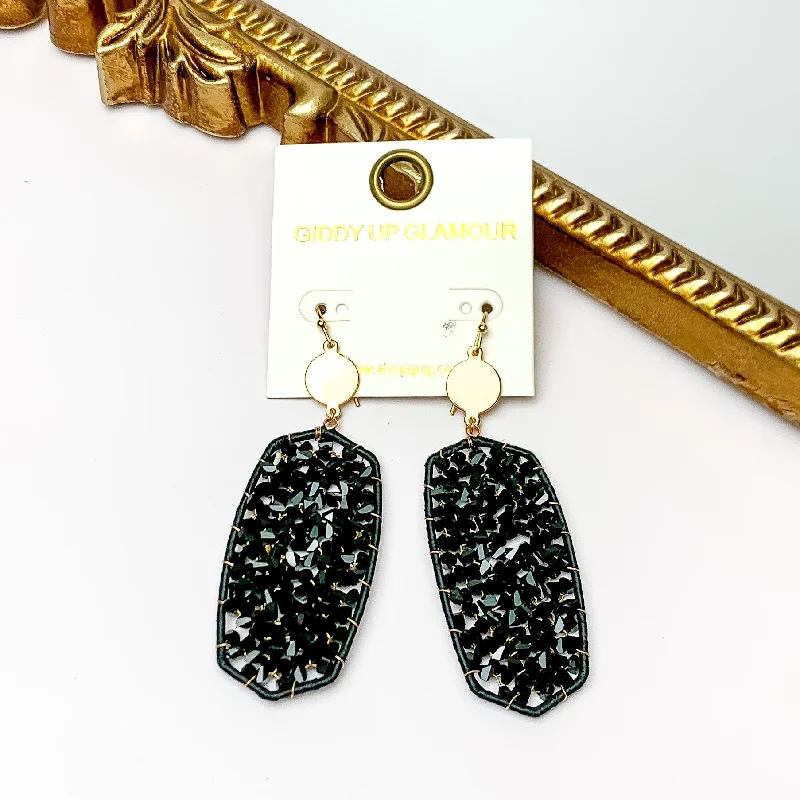 Black Large Drop Earrings with Gold Tone Accessory