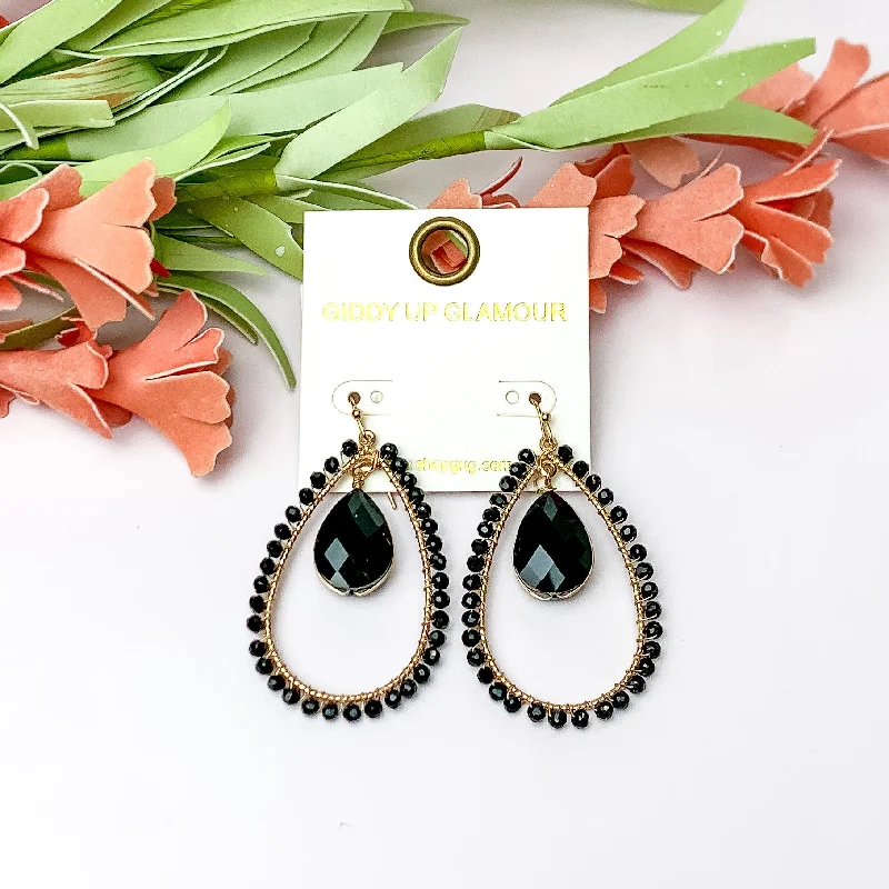 Black Stone Inside Open Beaded Teardrop Earrings with Gold Tone Outline