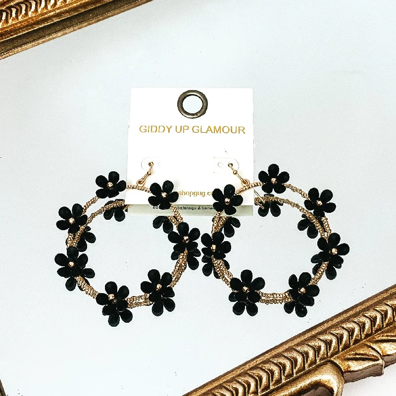 Breezy Blooms Gold Tone Circle Drop Earrings with Flower Charms in Black