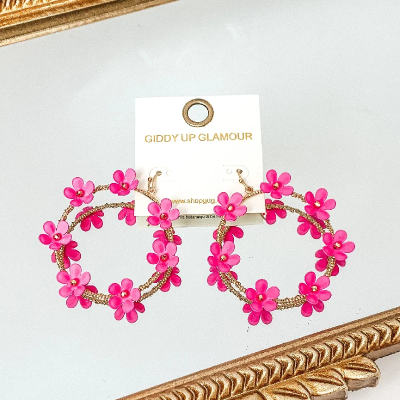 Breezy Blooms Gold Tone Circle Drop Earrings with Flower Charms in Hot Pink