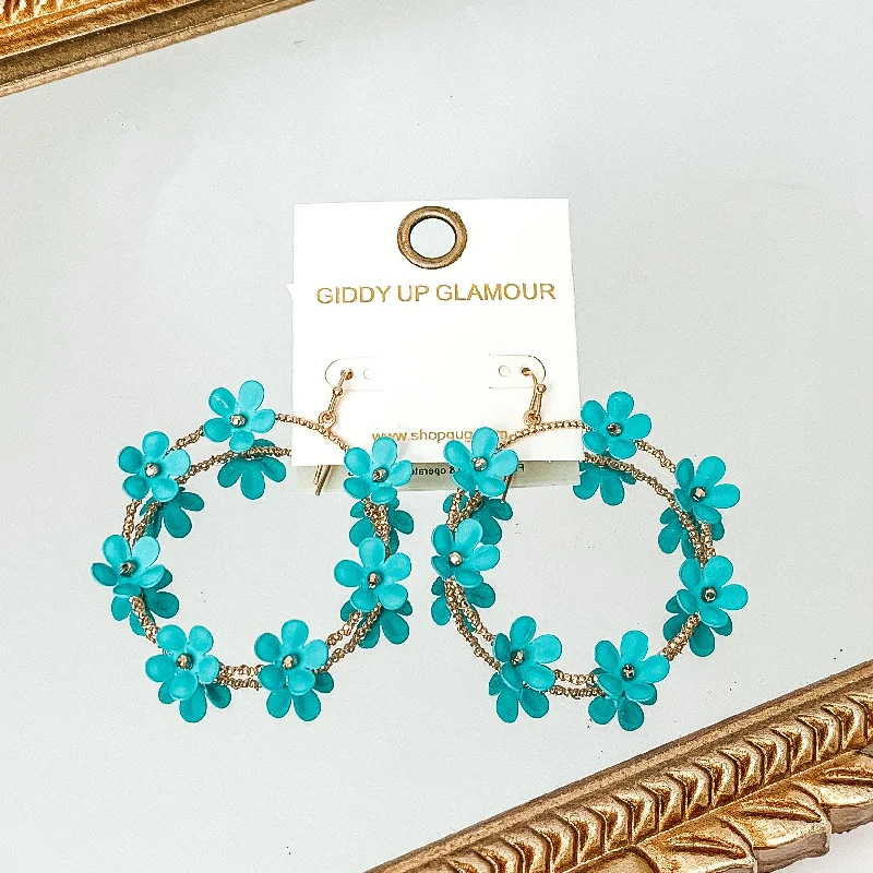 Breezy Blooms Gold Tone Circle Drop Earrings with Flower Charms in Sky Blue