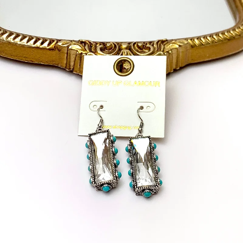 Clear Crystal Bar Drop Earrings with Faux Turquoise Border Accents