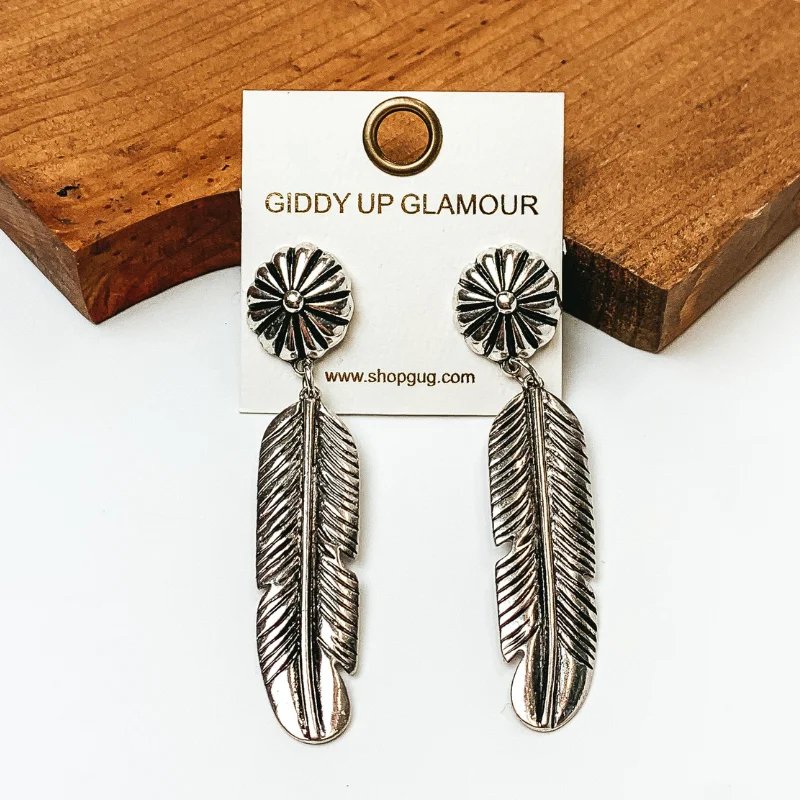 Concho Feather Drop Earrings in Silver