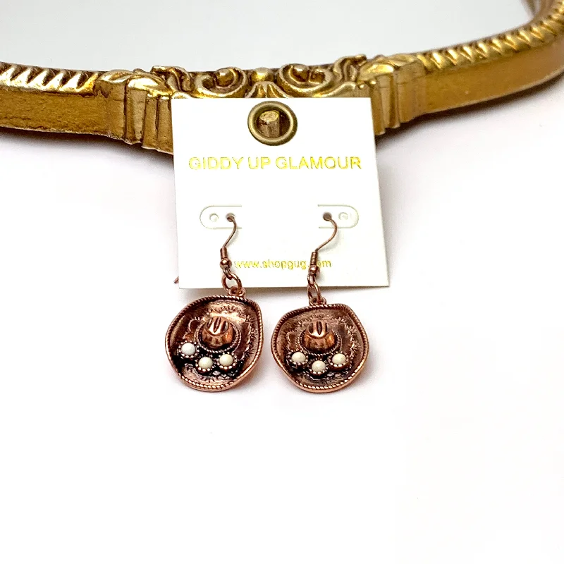 Copper Tone Cowboy Hat Drop Earrings with Faux White Stone Accents