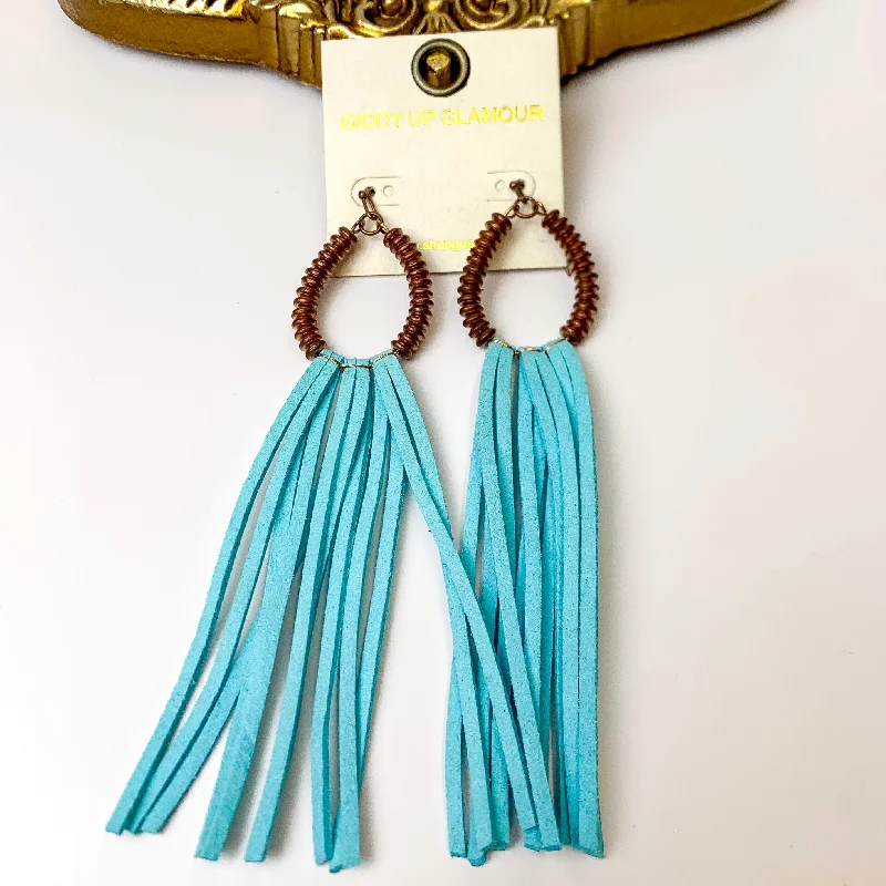 Copper Tone Metal Disk Beaded Teardrop Earrings with Teal Blue Faux Leather Tassels