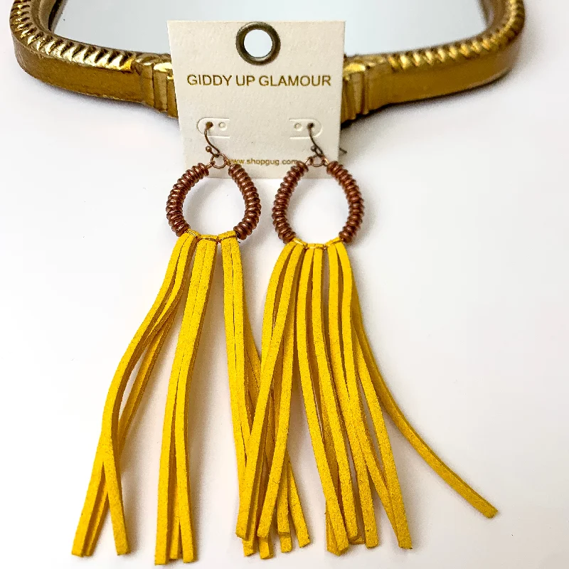 Copper Tone Metal Disk Beaded Teardrop Earrings with Yellow Faux Leather Tassels