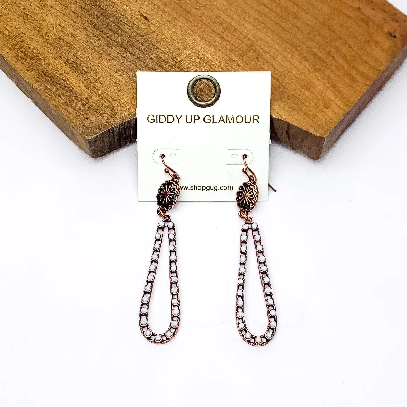 Copper Tone Open Teardrop Earrings With Small Stones in Ivory