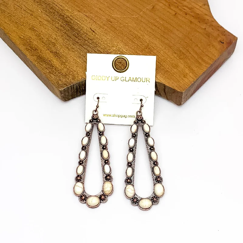 Copper Tone Open Teardrop Earrings With Stones in Ivory