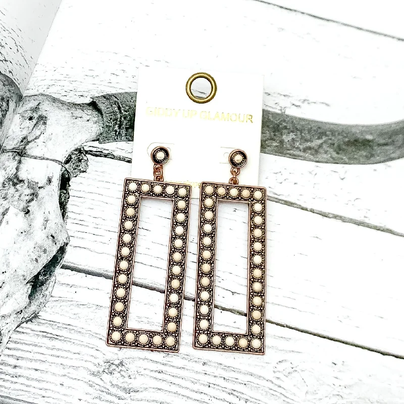 Copper Tone Rectangular Drop Earrings With Stones in Ivory