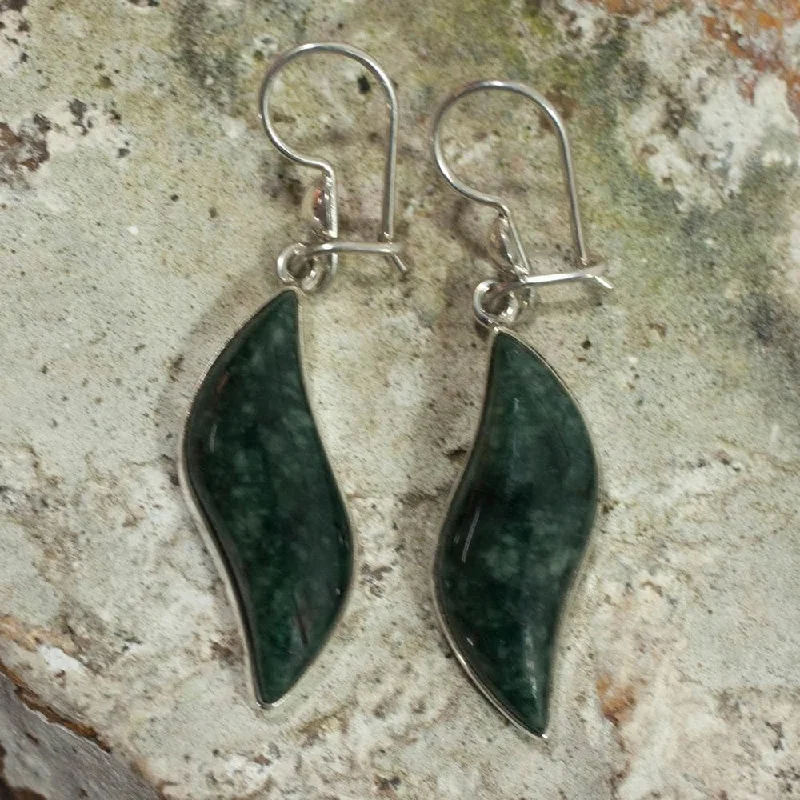 Dark Green Jade Dangle Earrings, 'Floating in the Breeze' (Guatemala) - 2L*0.4W