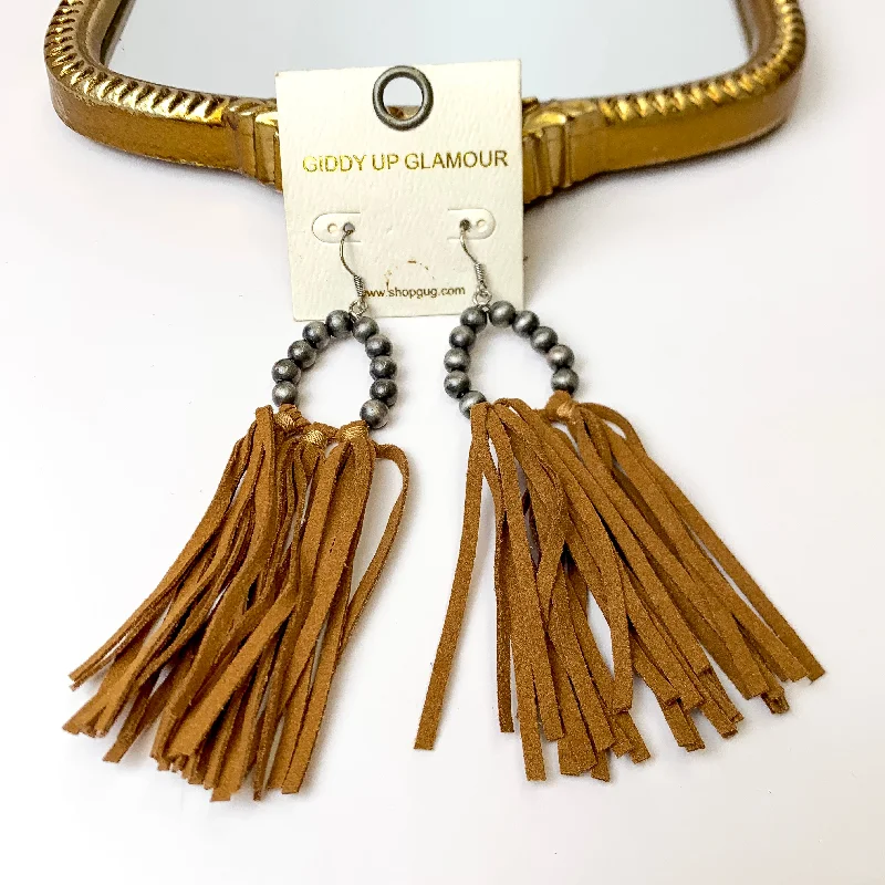 Feelin' Fabulous Navajo Teardrop Earrings With Faux Leather Tassels in Brown