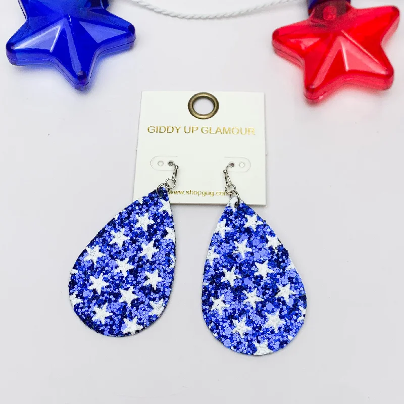 Festive Sparkly Blue Drop Earrings Filled With White Stars