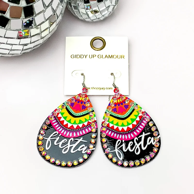 Fiesta Teardrop Earrings with AB Crystal Outline in Black